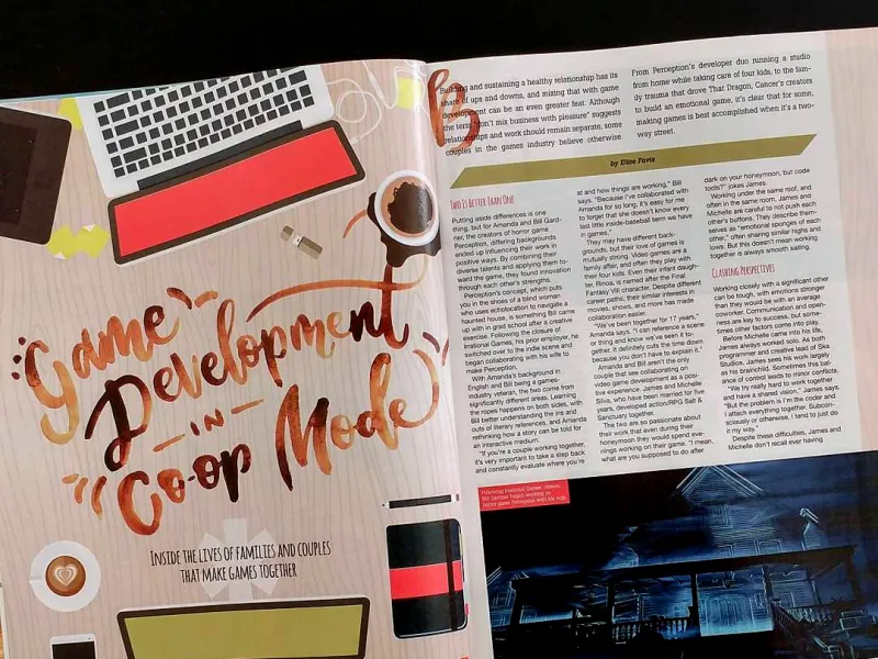 An open magazine showing the article "Game Development in Coop Mode"