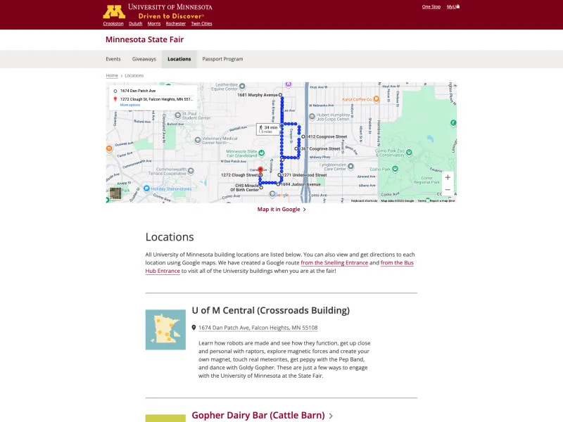 Screenshot of the locations page on the State Fair site in 2025.