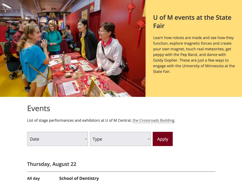Screenshot of the University of Minnesota State Fair events page.