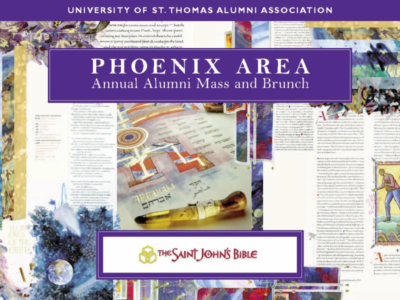 Front of postcard with illustrations of St John's illustrated Bible.