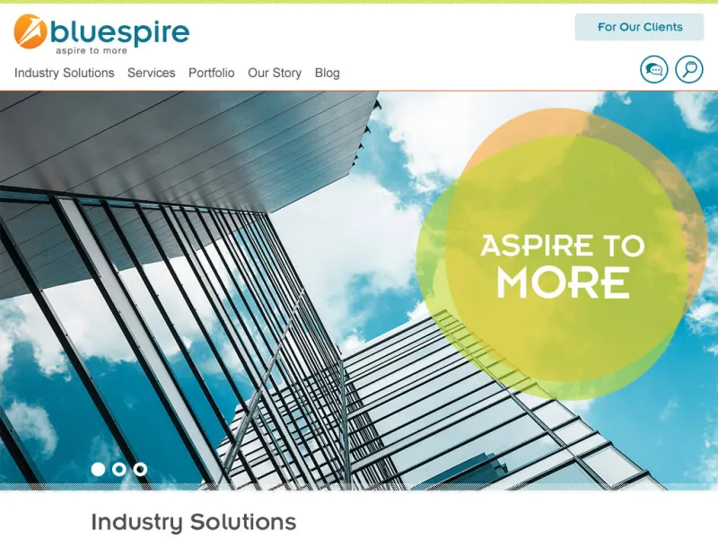 Colorful mockup of the Bluespire homepage, page 1.