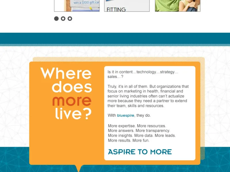 Colorful mockup of the Bluespire homepage, page 2.