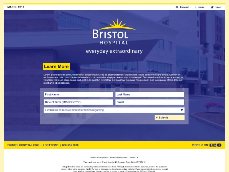 Design of the landing page for Bristol Hospital featuring form to get more information.