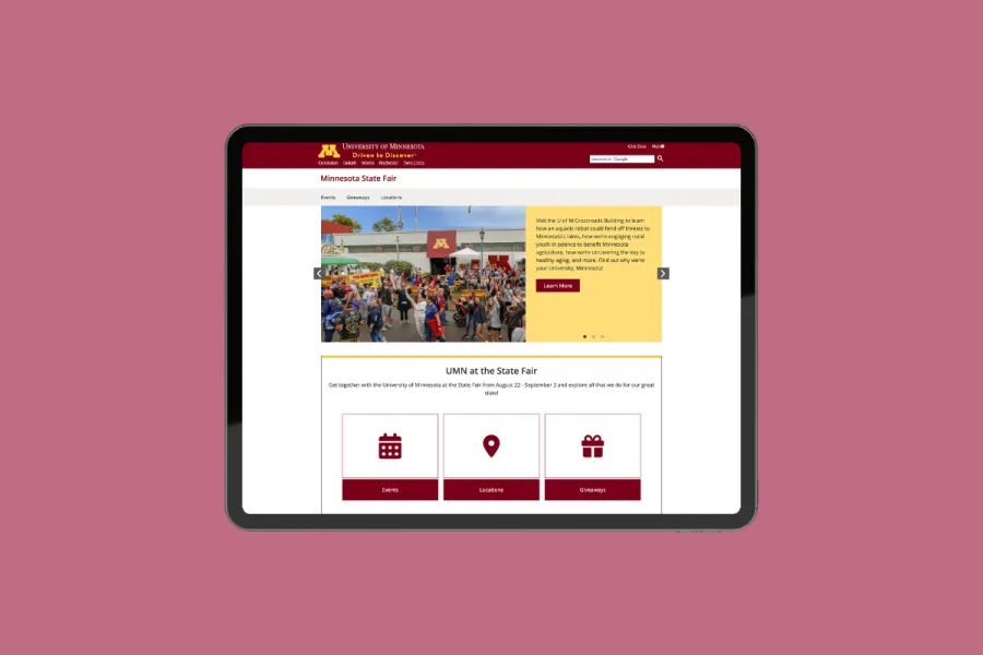 Rendering of the State Fair homepage on a tablet screen.