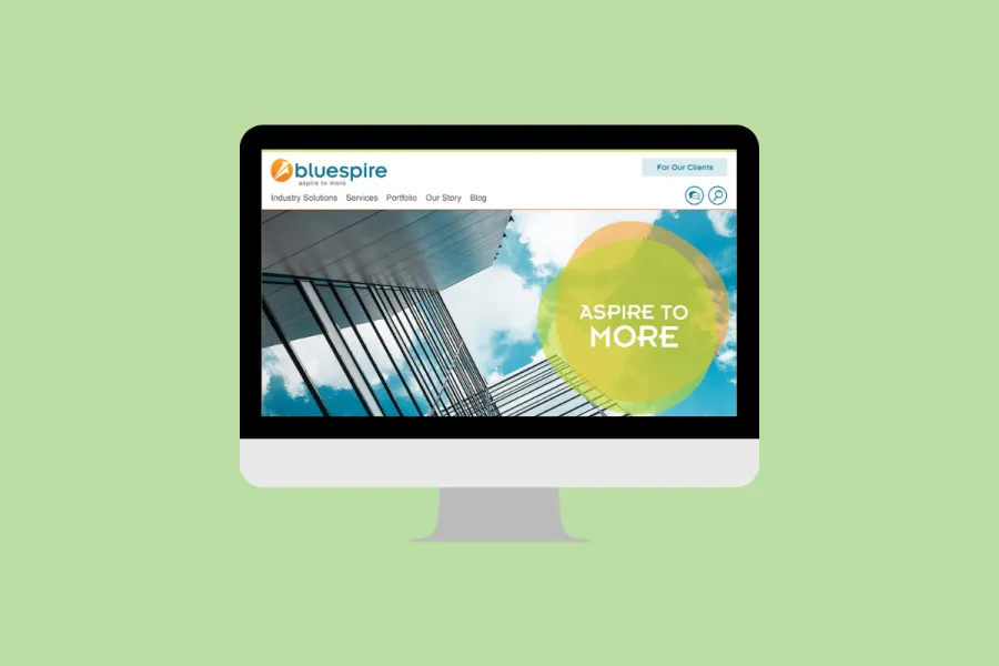 Rendering of the BlueSpire page design on a desktop computer.