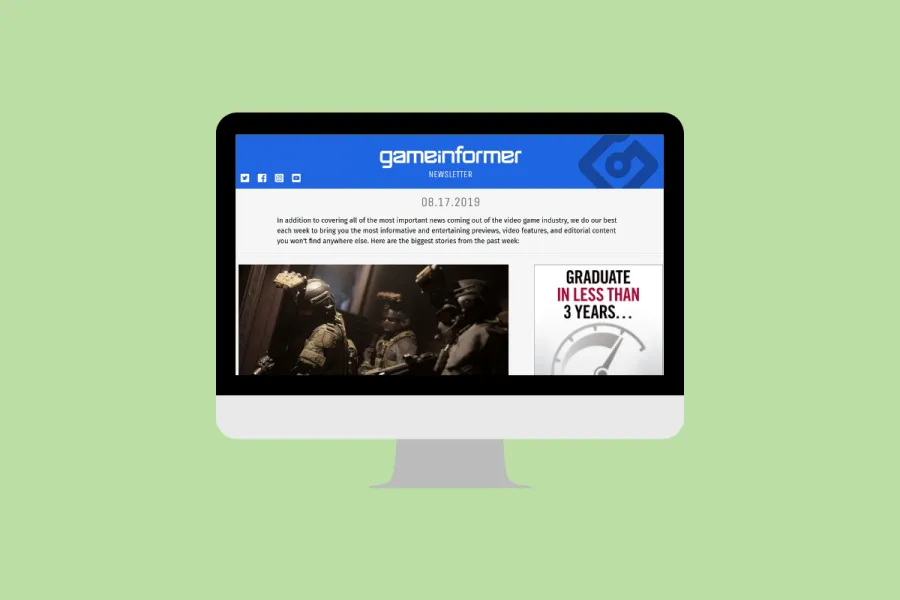 Rendering of the email newsletter on a desktop computer screen.