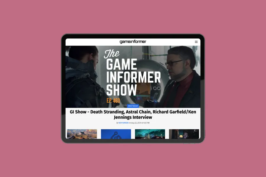 Rendering of the Game Informer homepage on a tablet device.