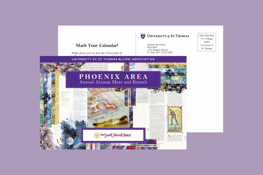 Rendering of the front and back of the postcard on a colored background.